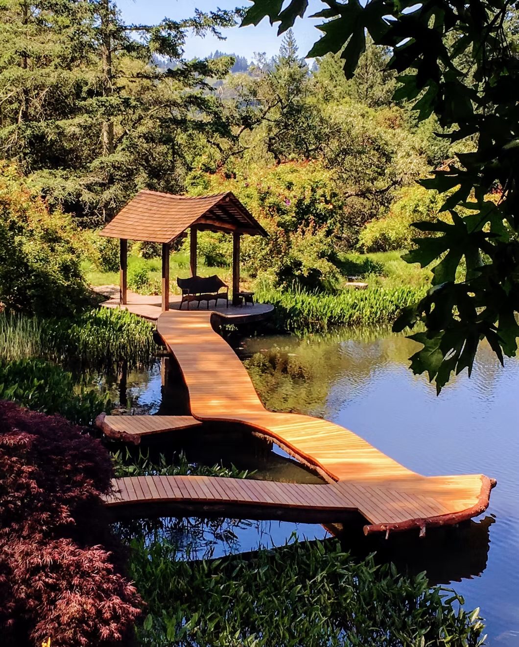 Winding wooden boardwalk leading to a pavilion on a pond
